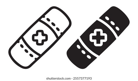 Bandage outline and black filled icon set. Vector illustration.