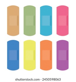 Bandage Plaster Icon, Colourful Medical Patch Symbol, Band Aid Silhouette, Multicolored Sticking Plasters, Colored Bandaid Patches Flat Icons on White Background, Vector Illustration