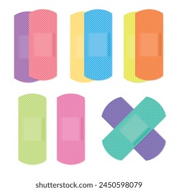 Bandage Plaster Icon, Colourful Medical Patch Symbol, Band Aid Silhouette, Multicolored Sticking Plasters, Colored Bandaid Patches Flat Icons on White Background, Vector Illustration