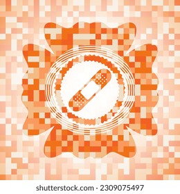 bandage plaster icon inside abstract emblem, orange mosaic background. 