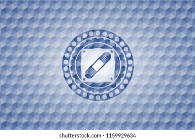 bandage plaster icon inside blue badge with geometric pattern background.