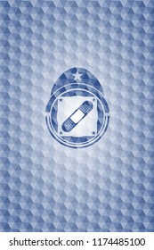 bandage plaster icon inside blue badge with geometric background.