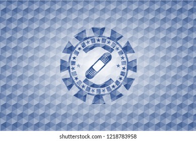 bandage plaster icon inside blue badge with geometric background.