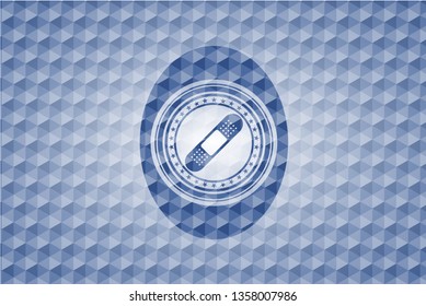 bandage plaster icon inside blue emblem with geometric background.