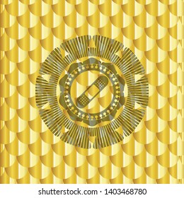 bandage plaster icon inside gold badge. Scales pattern. Vector Illustration. Detailed.
