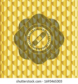 icono de escayola de vendas dentro de la placa dorada. Patrón de escalas. Ilustración vectorial. Detallado.