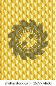 bandage plaster icon inside shiny golden badge. Scales pattern. Vector Illustration. Detailed.
