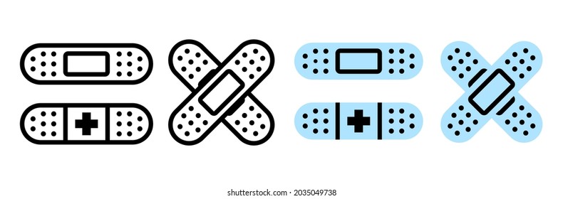 Bandage plaster icons. Minimalistic, flat, line first aid plaster. Black and blue color patches. Stroke Icon Pictogram Symbol Modern, isolated on white background.