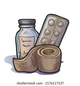 Bandage roll and pills vector illustration isolated on white background