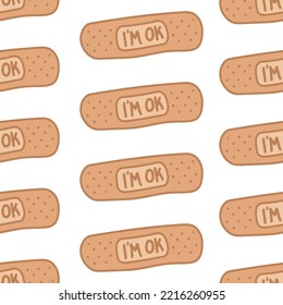 Bandage seamless pattern with i'm ok words on flat style. Plaster vector illustration on white isolated background