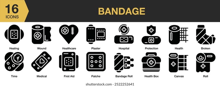 Conjunto de ícones sólidos da faixa. Inclui ferida, rolo, proteção, gesso, médico, hospital e Mais. Coleção vetorial de ícones sólidos.