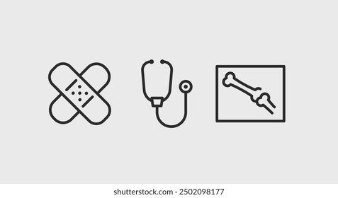 Bandage, Stethoscope, X-ray icons. Medical icons set. Bandage, Stethoscope, X-ray symbols isolated on white background. Vector illustration.