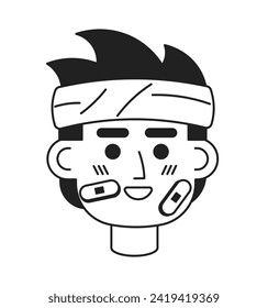 Bandage wrapped head man cheerful black and white 2D vector avatar illustration. Asian patient band-aid outline cartoon character face isolated. Positive attitude flat user profile image, portrait