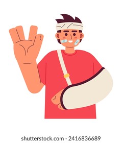 Bandage wrapped man cheerful with arm sling cartoon flat illustration. Upbeat asian man vulcan greeting 2D character isolated on white background. Happy accident recovery scene vector color image