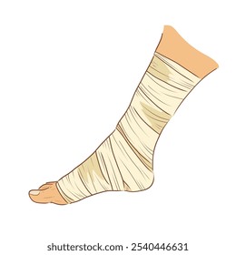 Bandaged ankle in flat design. Hospital aid for injured foot with bandage. Vector illustration isolated.