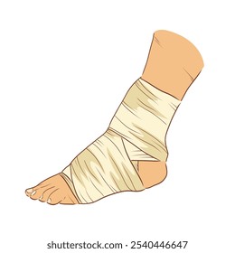 Bandaged ankle in flat design. Injured human foot with bandage dressing. Vector illustration isolated.