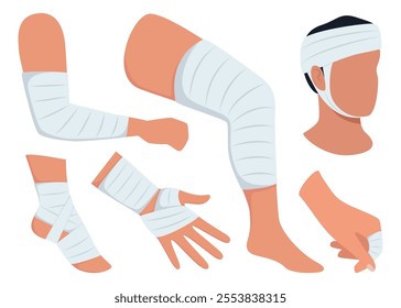 Bandaged arms and legs. Set of medical bandages elastic bandages. Elements of health care, first aid. Vector illustration