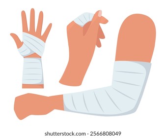 Bandaged arms and legs. Set of medical bandages elastic bandages. Elements of health care, first aid. Vector illustration