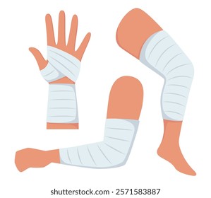 Bandaged arms and legs. Set of medical bandages elastic bandages. Elements of health care, first aid. Vector illustration