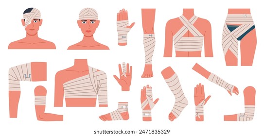 Bandaged body parts. Physical injured with applied bandages, protected, treated wounds, fracture and gypsum, medicine treatment poster, cartoon flat style isolated nowaday vector set