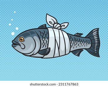 bandaged fish pinup pop art retro vector illustration. Comic book style imitation.