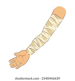 Mão com bandagem em design plano. Braço humano quebrado com curativo. Ilustração vetorial isolada.