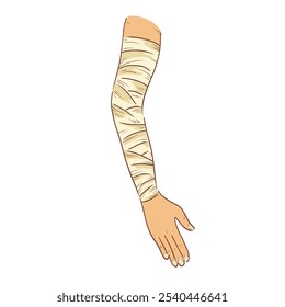 Mão com bandagem em design plano. Braço humano ferido com compressão de bandagem. Ilustração vetorial isolada.