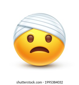 Bandaged Head Emoji. Injured Emoticon With Head-bandage, Clumsy Yellow Face With Sad Smile 3D Stylized Vector Icon