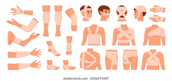 Partes do corpo humano encurraladas. Tratamento hospitalar de emergência para feridas, hematomas e fraturas ósseas em um conjunto de ilustrações de vetor plano. Ferimentos físicos curativos e emplastros médicos