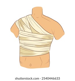 Tórax humano em bandagem em design plano. Paciente do hospital ajuda com curativo. Ilustração vetorial isolada.