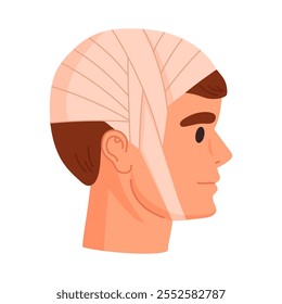 Bandaged human head. Injured head crown, emergency treatment for bruises and bone fracture flat vector illustration. Cartoon physical injury bandage