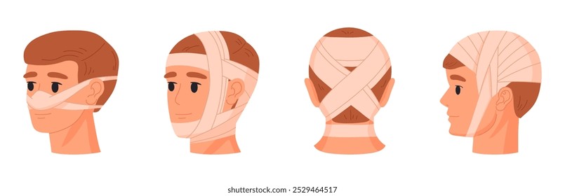 Cabeza humana vendada. Partes del cráneo y la cara lesionadas, nariz y mandíbula, tratamiento de emergencia para hematomas y fracturas de huesos conjunto de Ilustración vectorial plana. Vendajes para lesiones físicas