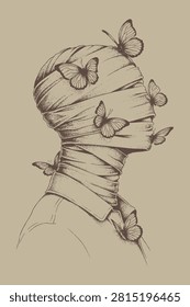 Bandaged Human Portrait Surrounded by Delicate Flying Butterflies