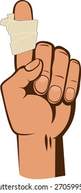 bandaged index finger in warning gesture