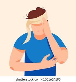 Bandaged man holding his sore head vector illustration. Rehabilitation after a stroke design element. Head trauma, migraine, skull fracture in flat cartoon style.