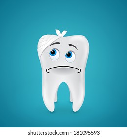 Bandaged sad tooth on blue background