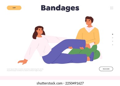 Bandages concept of landing page with man put band on female foot after injury strain or broken leg trauma accident. Male splinting leg at first aid courses training. Cartoon flat vector Illustration