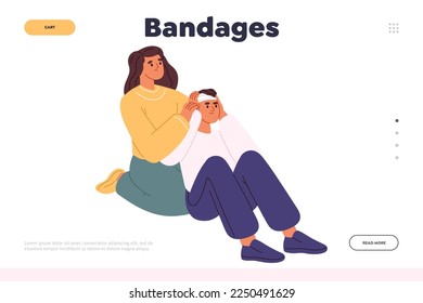 Bandages Konzept der Landung Seite mit Frau Bandaging Mann Kopf nach Gehirnverletzung, Erschütterung oder Unfall. Banding Männchen bei der Ausbildung für Erste-Hilfe-Kurse. Cartoon-Flachvektor-Illustration