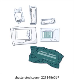 Bandages and gauzes. Items from the first aid kit. First aid. Vector illustration. Isolated on a white background.