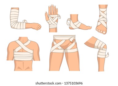 Bandaging Körperteile binden menschliche Körperverletzung Vektor Knochenfraktur und Brennen Dehnung und blauen Bein und Arm Kopf-und Arm Handgelenk und Ferse Fuß und Rücken Hüfte und Knie Medizin und Gesundheitsversorgung.