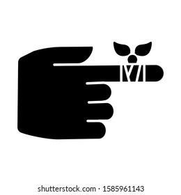 Bandaging Glyph Icon. Hurt Finger. Hand Injury. Arm Pain Help. First Aid. Medical Procedure. Healthcare. Minor Injury. Silhouette Symbol. Negative Space. Vector Isolated Illustration