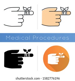 Bandaging Icon. Hurt Finger. Hand Injury. Arm Pain Help. First Aid. Medical Procedure. Clinical Treatment. Healthcare. Minor Injury. Flat Design, Linear And Color Styles. Isolated Vector Illustrations