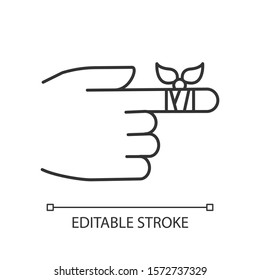 Bandaging linear icon. Hurt finger. Hand injury. Arm pain help. First aid. Medical procedure. Minor injury. Thin line illustration. Contour symbol. Vector isolated outline drawing. Editable stroke