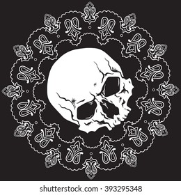 Bandana black and white design pattern with skull. Vector illustration