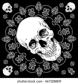 Bandana black and white design with skull and paisley ornament. Vector illustration