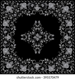 Bandana black and white. Traditional ornamental ethnic  pattern with  flowers. Vector print square.