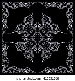 Bandana black and white. Traditional ornamental ethnic  pattern with lines. Vector print square.