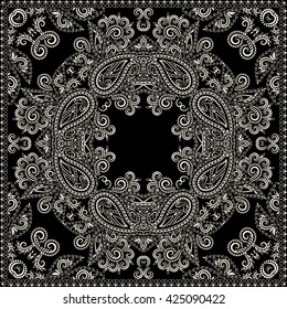 Bandana black and white. Traditional ornamental ethnic  pattern with paisley and flowers. Vector print square.