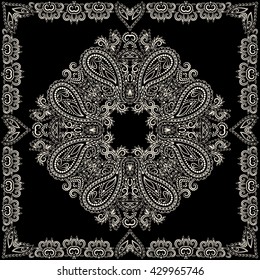 Bandana black and white. Traditional ornamental ethnic  pattern with paisley and flowers. Vector print square.