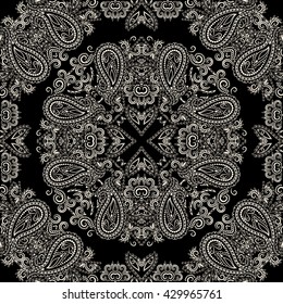 Bandana black and white. Traditional ornamental ethnic  pattern with paisley and flowers. Vector print square.